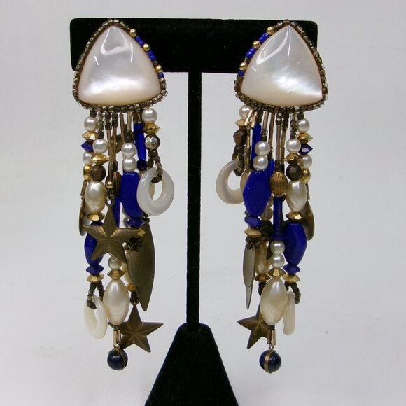 Vintage Chipita Lapis Lazuli Mother-of-Pearl Star Dangle Clip Earrings - Picture 1 of 3